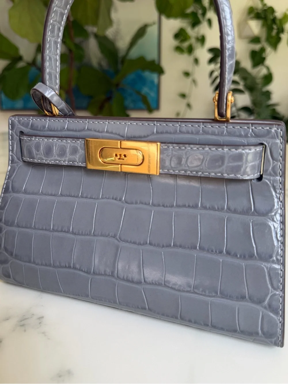 Tory Burch Lee Radziwill Petite Bag in Zinc Gray Crocodile Croc Embossed Leather